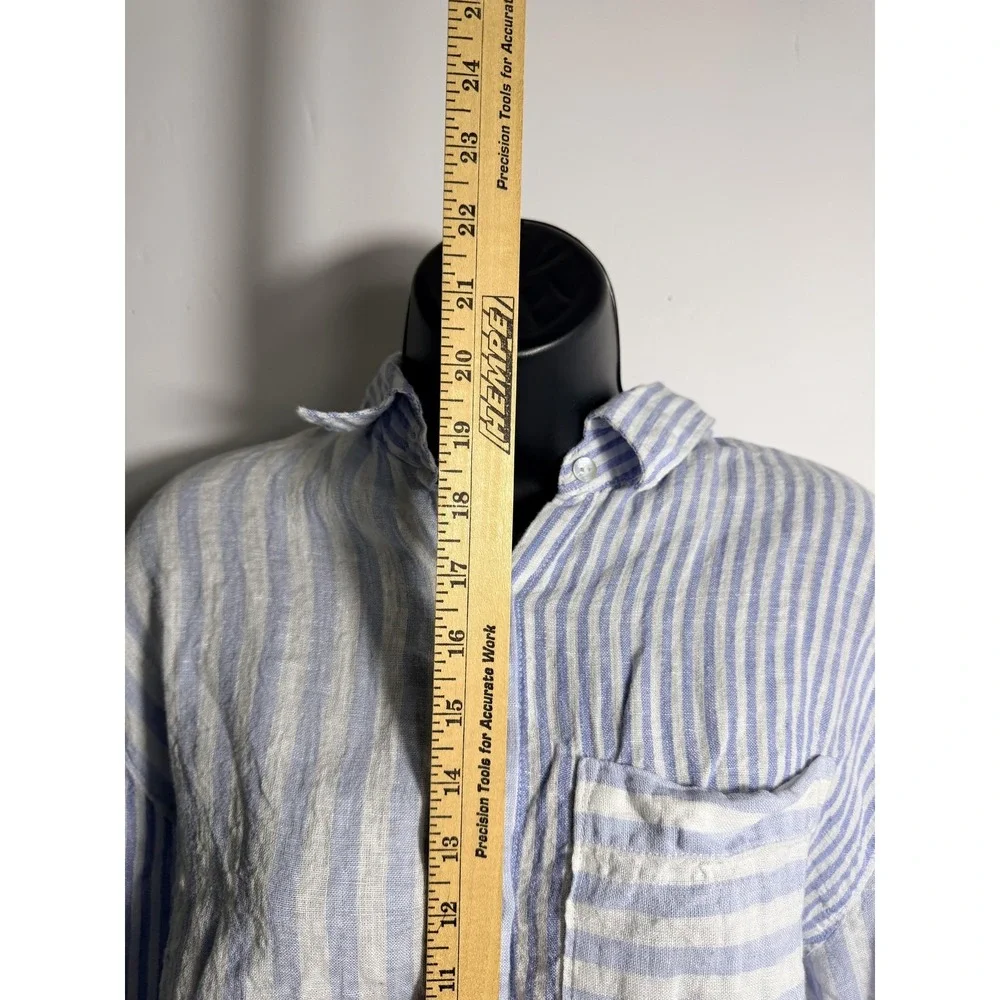 Nicole Miller New‎ York Shirt Womens Small Blue White Stripe Linen Button Top - Picture 3 of 8